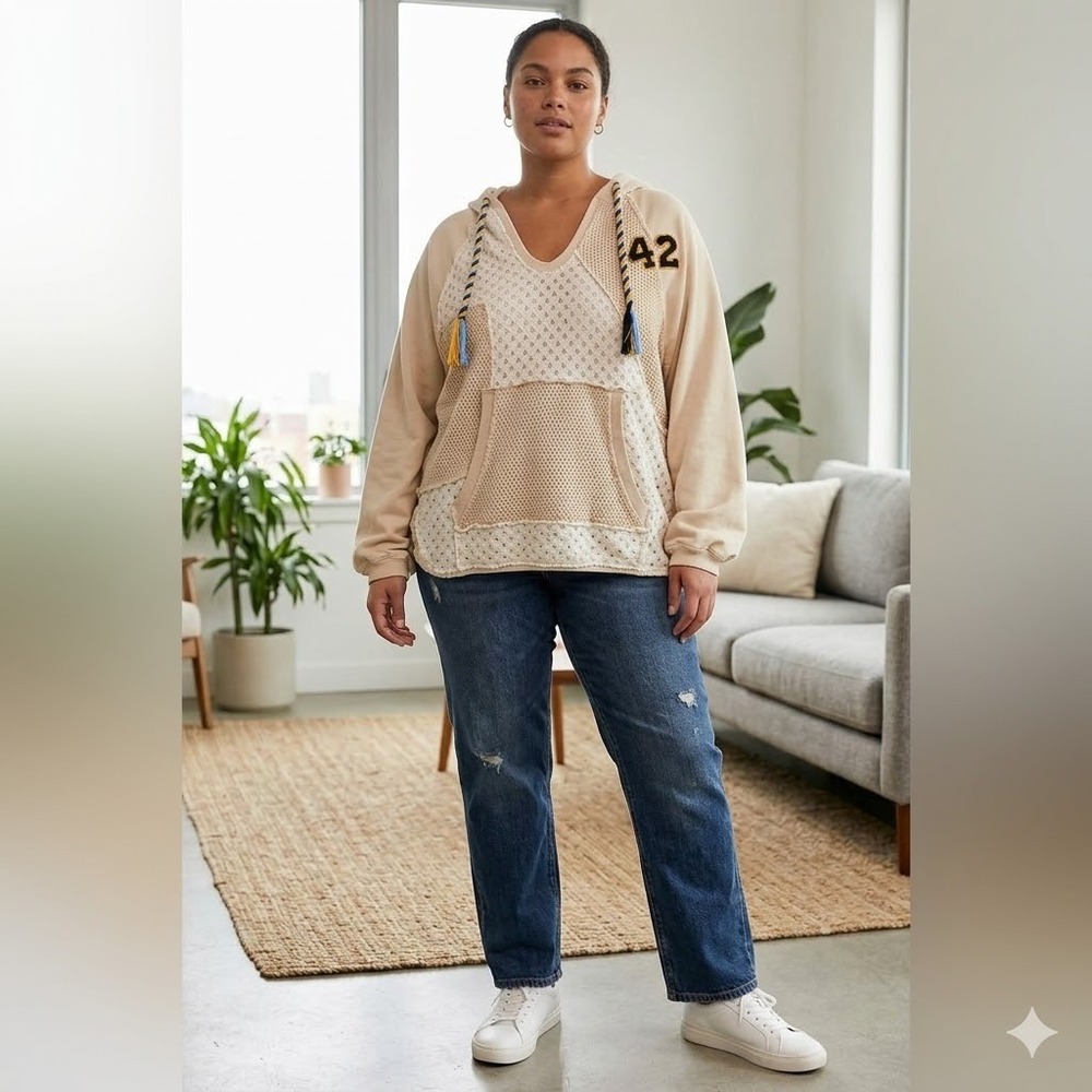 Urban Outfitter Patchwork Hoodie Oversized Pullover Varsity Boho Cream White XL